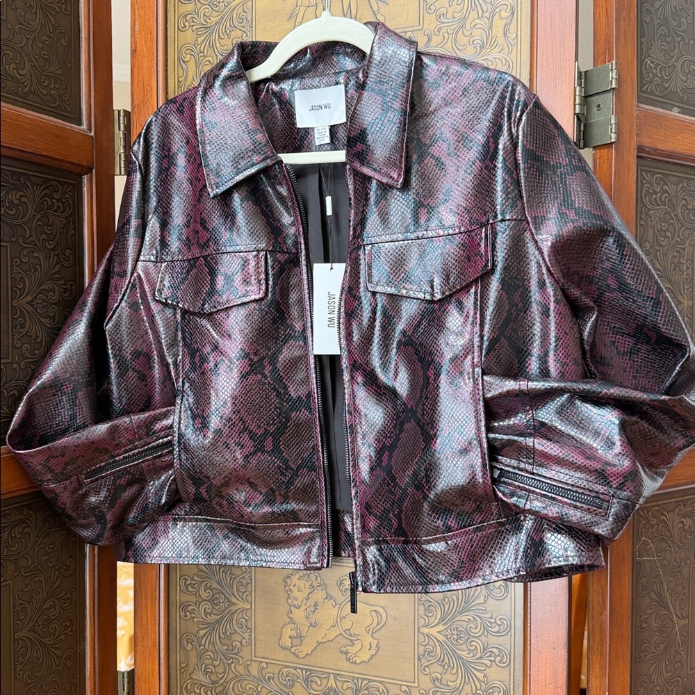 Faux Leather Moto Jacket Black Python Print Zip-U… - image 9